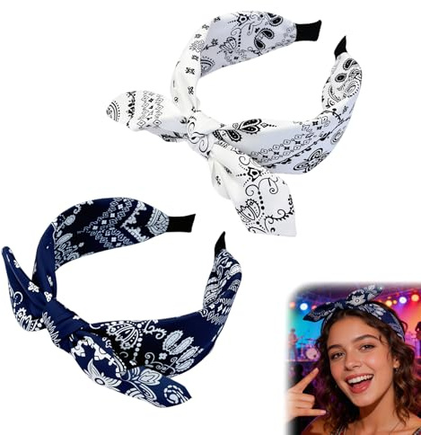 UZYXC 2 Stück Retro Bandana Haarreifen für Damen - Rockabilly Stirnbänder mit Knoten in Weiß und Dunkelblau, Breites Haarband für Alltag, Festival und Vintage Look