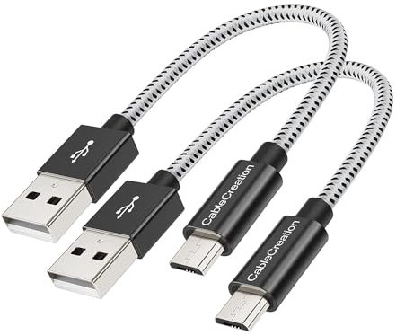 15cm Câble Micro USB, Lot de 2 CableCreation Câble Court Tressé USB A Mâle vers Micro B Mâle, Charge Rapide, Compatible avec Batterie Externe, Smartphone d’Android, Kindles etc., 0.5pied, Noir & Blanc