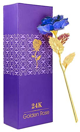 WeFoonLo Creative Artificial 24K Gold Rose Flower Plastic Real Rose immerso in Oro con Confezione Regalo per la Festa della Mamma, Compleanno, Giorno del Ringraziamento (Blu)