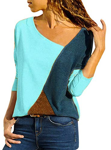Lazzboy Damen Casual Patchwork Farbblock Kurzarm T-Shirt Sommer Mode Asymmetrischer V-Ausschnitt Oberteile(Blau,M)