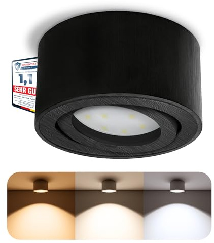 SSC-LUXon CELI-1B Aufbauspot schwarz dimmbar 6W 3 Lichtfarben schwenkbar | Dimmbarer Aufbaustrahler schwarz gebürstet rund für Flur, Wohnzimmer & Küche - warm / neutral / kalt, 30° schwenkbar