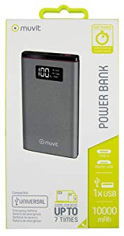 Muvit Power Bank 10000 mAh USB 2A + Type C PD 3A 18W+ 2 inputs Micro USB + Tipo C Led Display Negro