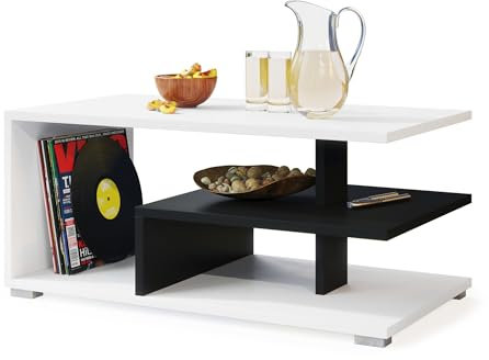 Couchtisch Kaffetisch Sofatisch Logo mit Ablagen Matt Weiß Schwarz Sonoma Eiche Betonoptik 05 (Weiß + Schwarz)