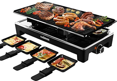 CUSIMAX Raclette Grill Electric Grill Table Portable 2 in 1 Korean BBQ Grill Indoor & Cheese Raclette, Reversible Non-stick plate, Crepe Maker with Adjustable temperature control and 8 Paddles