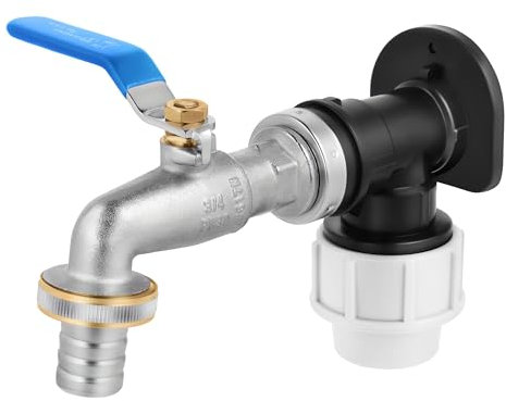 BFG Wasserhahn für Garten, Gartenschlauchset, Wasserleitung, 3/4 BSP Eingang und 1 BSP Ausgang MDPE-Winkelstück 25 mm x 3/4 BSP, Schlauchanschluss aus Messing