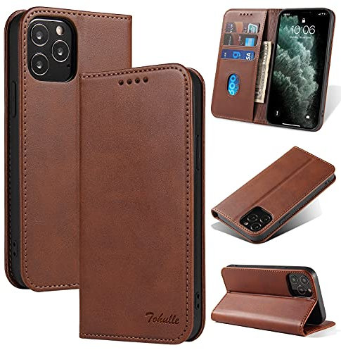 TOHULLE for iPhone 12 Case Premium PU Leather Wallet Case with Card Holder Kickstand Built-in Magnetic Closure Flip Folio Phone Cover for iPhone 12 - Coffee Brown