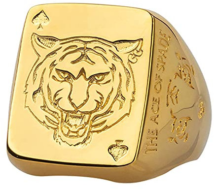 ForFox Massiv Echt 925 Sterling Silber Tiger Ring mit Pik Ass Tier Schmuck für Herren Damen Offen und Verstellbar Gold Ton