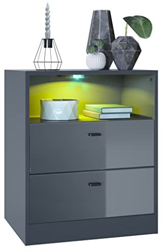 Vladon Kommode Pino V1, Made in Germany, Nachttisch mit 2 Schubladen & 1 offenem Fach, Anthrazit matt/Grau Hochglanz mit LED RGB (56 x 67,5 x 36 cm)