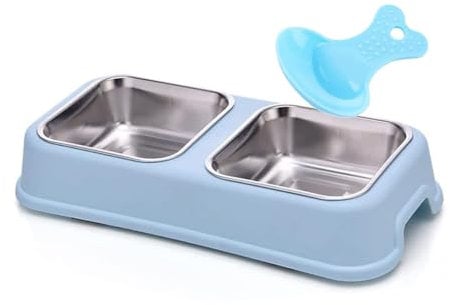 Double Dog Bowl,Non Slip Non-spill Stainless Steel Double Bowl with 1 Pet Food Spoop For Small Dogs and Cats (Square-Blue, S)