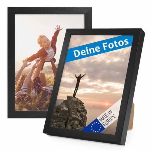PHOTOLINI Bilderrahmen mit Foto selber gestalten, Fotorahmen 13x18 cm Holz Schwarz personalisiert mit Bild, Holzrahmen Made in EU, 2er Set, bruchsicheres Acrylglas, zum Aufhängen & Aufstellen