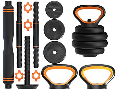 Pumpit24 Multi Hantel Set 20kg | Besonders robust & platzsparend |Kurzhanteln 2er Set und Langhantel Set | Verstellbare Hanteln |Kettlebell Set | adjustable kettlebell | Kugelhantel verstellbar