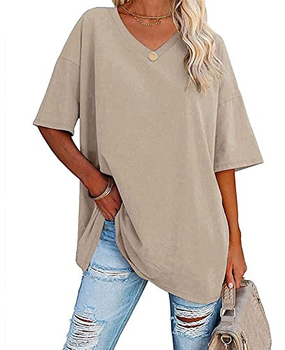 Famulily Women's Short Sleeve T Shirts Half Sleeve V Neck T Shirts Comfy Cotton Loose Tunic Blouse Tops Beige XXL