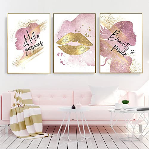MYTAYT 3Pcs Nordic Wandkunst Leinwand Malerei Mode Lippenstift Mascara Gold Lippen Poster Make-up Schönheitssalon Dekoration Mädchen Zimmer Home Schlafzimmer Dekor Bild/kein Rahmen