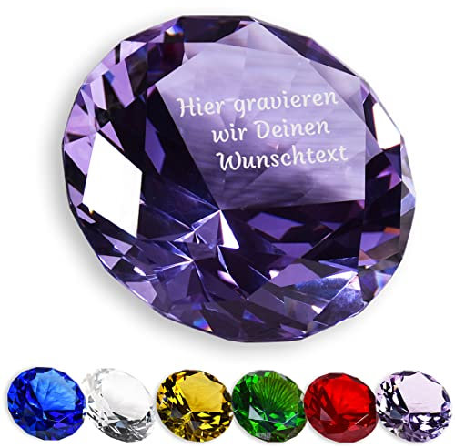 Deko Diamant aus Glas in Lila mit personalisierter Gravur - Dekostein Briefbeschwerer mit Wunschtext - ideales Frauengeschenk - die Deko-Idee für dein Wohnzimmer - das Geburtstagsgeschenk
