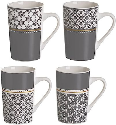 LOLAhome Juego de 4 tazas mug grandes para desayuno blancas y grises con dibujos geométricos de flores de cerámica de 370 ml (De 12x8x12 cm, Floral)