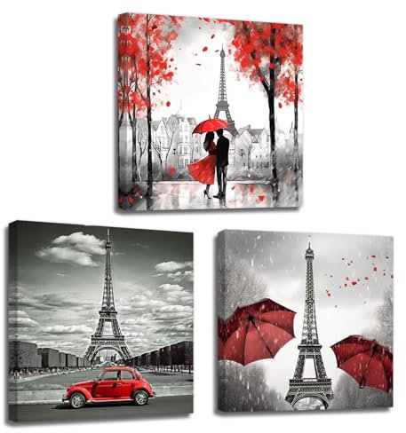 LZIMU Paris Bild auf Leinwand 3 Stück schwarz rotes Paar mit Regenschirm Auto Eiffelturm Leinwandbild romantisches Jubiläum Wanddekoration Gerahmt(1, 30x30cmx3 Stück)