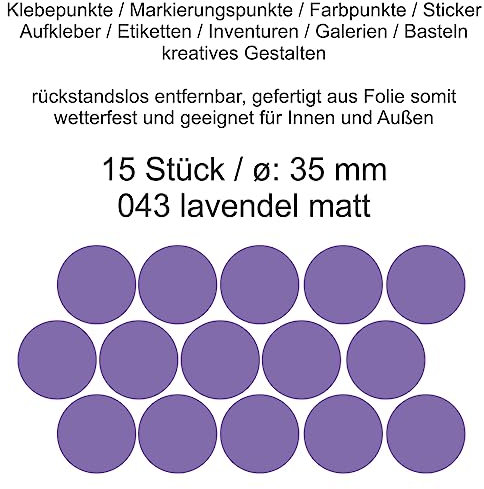 Aufkleber Etiketten Klebepunkte aus Folie 15 Stück lavendel matt rund 35 mm selbstklebend farbig wetterfest Decal Markierungen Organisieren DIY basteln verzieren Modellbau Scrapbooking