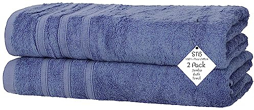 S & B Pack of 2 Jumbo Bath Towels Sheets 100% Pure Cotton Quick Dry Gym, Spa, Hotel Quality 500-GSM Large Size Bathroom Towels 75 x 150 cm (Blue)
