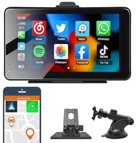 Wireless Carplay & Android Auto Portable Car Stereo, 7-inch IPS Touchscreen Airplay, MirrorCast, Bluetooth Hands-Free Call, AUX/FM Transmitter GPS/Siri TF Card for All Car Models