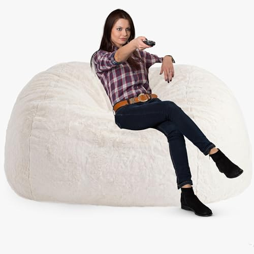 KIDDOKIN Riesiger Sitzsack, ultraweicher, Flauschiger PV-Samt-Sofabezug in Weiß for Kinder und Erwachsene, großer runder Sitzsack, Pouf, Puff, Couch, Tatami, Wohnzimmer-Sitzsäcke(5ft)