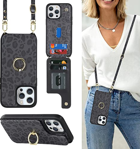 Cavor Phone Case compatible with iPhone 14 Pro With Card Holder With Lanyard Strap,Flip Leather Wallet Case,Ring Kickstand Shockproof Cover Case compatible with iPhone 14 Pro - Black Leopard
