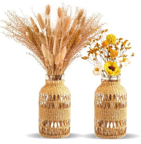 ZENS Weiden-Boho-Vasen, 2er-Set, Glas-Blumenvase mit handgewebtem Rattan-Bezug für Pampasgras, künstlerische Boho-Landvasen für Herbstblumen-Dekoration, Tischdekoration für Zuhause,
