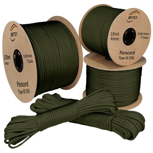 MITSY Paracord 550 Typ III Nylon Schnur 4 mm 10 Meter Mittelkhaki | Fallschirmschnur, 7 Kern Seil, Reißfest & Wetterfest, Allzweckseil für Camping, Outdoor & Survival, 10m, 25m, 50m, 100m, 250m