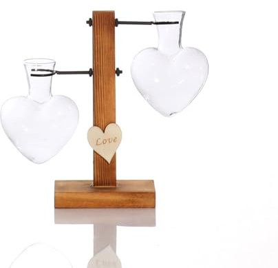 Soulnioi Heart Shape Glass Hydroponic Vases/Glass Plant Terrarium with Wooden Stand/Desktop Planter Bulb Vase for Decoration/Modern Plant Propagation Station