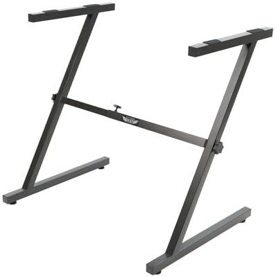 Stage Rocker Tastaturständer im Z-Stil mit verstellbarer Breite. Robuster und langlebiger digitaler Klavierständer für eine 61/88-Tasten-Tastatur. Einfache Montage zur Aufbewahrung. Schlankes Schwarz.