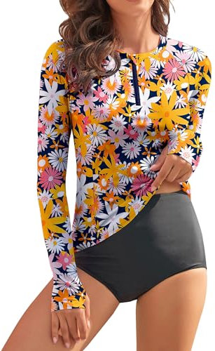 WOWENY Maillot de Bain à Manches Longues pour Femme - Rashguard avec Fermeture éclair 1/4 et Protection Solaire