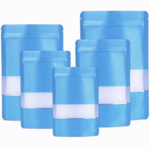 100pcs Mylar Bags,Blue Smell Proof Bag with Window,Stand up Pouches 10x15cm | Resealable Aluminum Foil Baggies,Heat Seal Packaging Bag for Food Storage