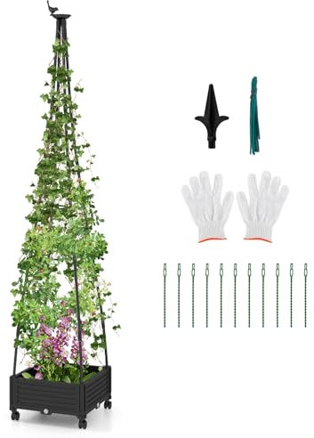RELAX4LIFE Jardinière avec Treillis 206 cm roulettes, Lit de Jardin Surélevé avec Tubes Métalliques et Système d'Arrosage Automatique pour Plantes Grimpantes (Tour | 41x41x206cm)