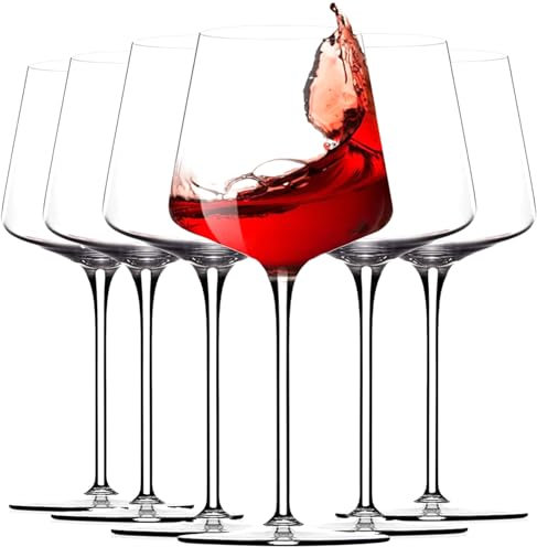 White Red Wine Glasses Set of 6 – 18oz Red Wine Glasses with Tall Long Stem,【Hand Blown】Crystal Wine Glasses- Square Wine Glasses with flat bottom, Wine gifts for Christmas, Wedding, Birthday
