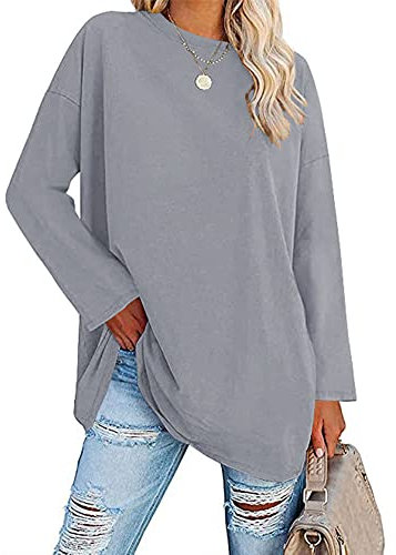 Famulily Women's Long Sleeve T Shirt Ladies Basic Tunic Tops Round Neck Tshirts (L, Grey)
