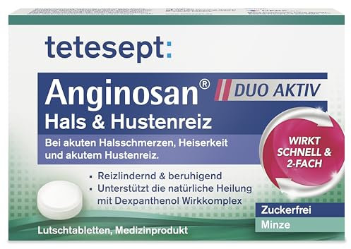 tetesept Anginosan® Hals & Hustenreiz 5er Packung a 20 Tabletten – Zuckerfreie Hustenbonbons lindern akute Halsschmerzen, Heiserkeit & Hustenreiz – Mit Minzgeschmack