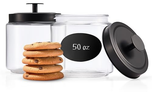 KooK Lot de 2 boîtes de cuisine en verre pour garde-manger, pots d'apothicaire de salle de bain, couvercles hermétiques, organiseurs de comptoir, 1,4 l - Noir