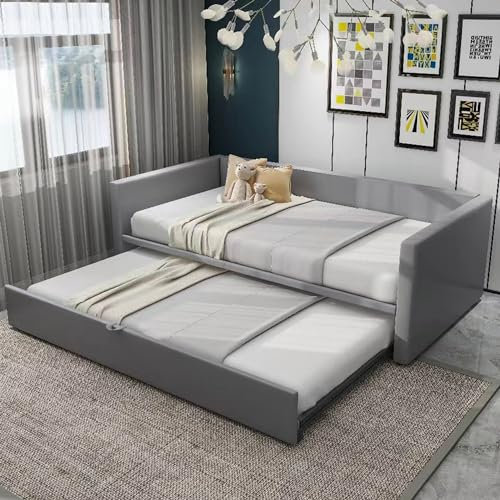 Soweiz Polsterbett Kinderbett Ausziehbares Schlafsofa 90/180x200 cm mit Lattenrosten, Multifunktionsbett aus hautfreundlichem Samtstoff Grau,Ohne Matratze