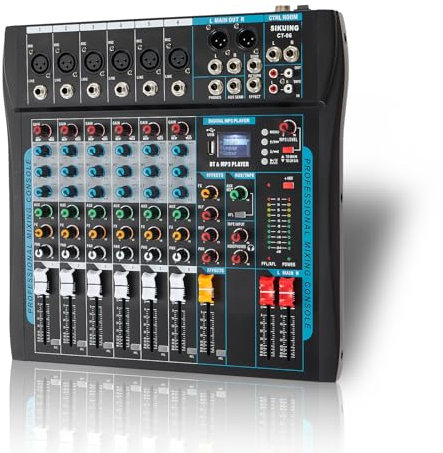 Audio Mixer,6 Kanal Mixer Board für Streaming, Professioneller Sounds Board Mixer mit 16 DSP Effekt, Usb Audio Interface und 48V Phantom Power Mixer, Stereo DJ Mixer für PC Recording/DJ Bühne