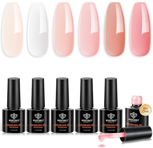 MODELONES 8 in One Builder Gel, 6 Farben Nude Rosa Clear Aufbaugel füR GelnäGel, Hard Gel Builder Nagelverlängerung Quick Extension, Uv Nagellack Soak Off UV Nägel für Nagelstudio Maniküre Set