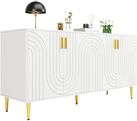 Sideboard 152x40x75 cm – Wellen-Design, 4 Türen, 2 Schubladen, Stauraum, Goldene Griffe & Füße, Modern, Luxuriöser Schrank für Esszimmer & Wohnzimmer, Hochwertiges MDF, Stabil und Langlebig (Weiß)
