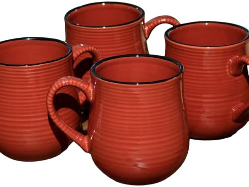 Darthome Red Ribbed Barrel Mugs, 400ml Capacity, Glazed Stoneware, Set of 4