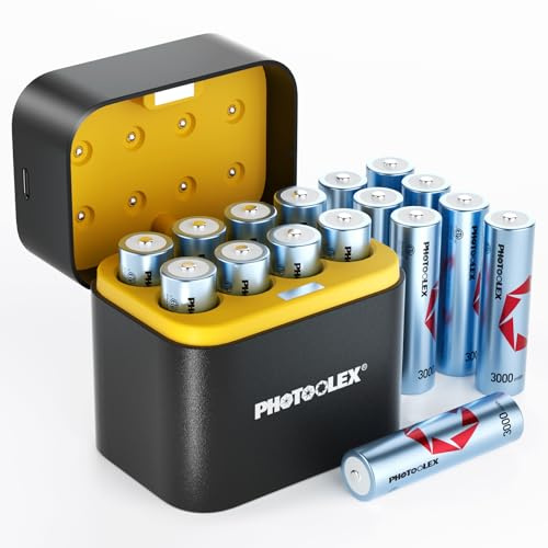 PHOTOOLEX Piles Rechargeables AA Lithium Lot de 16 avec Chargeur, 3000 mWh Haute capacité Sortie 1,5 V AA avec 1600+ Cycles, li-ION Batterie avec boîtier de Charge et de Rangement intégré