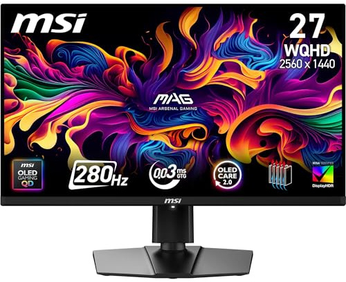 MSI MAG 271QP QD-OLED X28 27 WQHD Gaming Monitor, 2560 x 1440 Quantum Dot Panel, 280Hz, 0.03ms, DisplayHDR True Black 400, HDMI 2.1, DP 1.4a, USB C (15WPD), Tilt/Altezza Regolabile