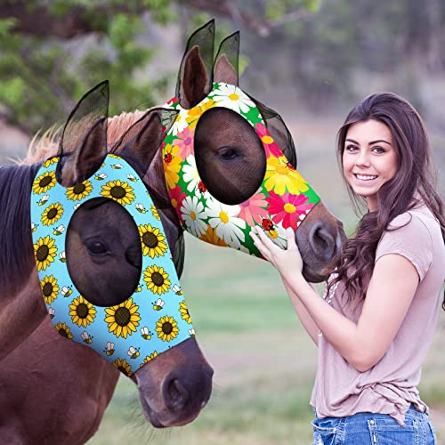 Hestya 2 Pieces Horse Fly Masks for Horses Soft Fly Masks for Horses with Ears Smooth and Elasticity Fly Mask with UV Protection(Flower Patterns,M)