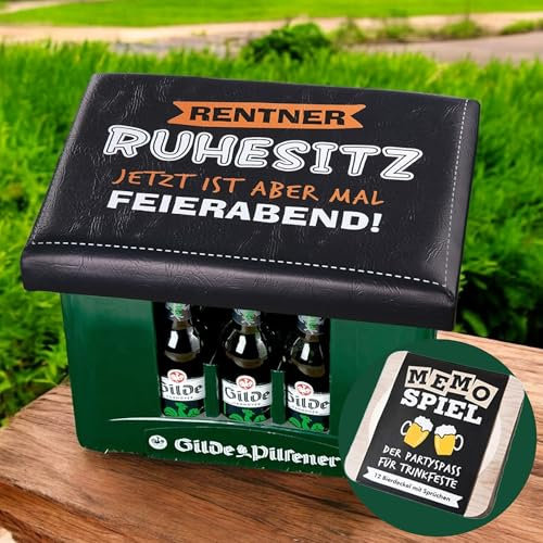 CULT at home Bierkasten Aufsatz Ruhesitz - Bierkastensitz inkl Bierdeckel Memospiel - Sitzauflage für Bierkiste Getränkekiste - Hocker Gartenhocker Balkon Camping Geschenk Vatertag Rentner 44x34 cm
