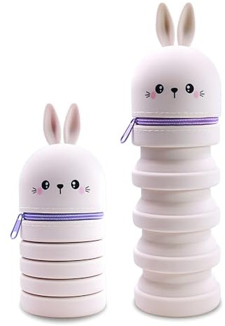 Veftsvy Trousse Scolaire 2 en 1 en Silicone Souple - Trousse Crayons Télescopique Silicone, Étui Crayons Télescopique Kawaii avec Motif, pour École, Bureau, Cadeau Garçons Filles (Lapin Rose)