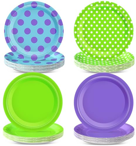 LemonRoad 48 Pcs Monster Theme Party Paper Plates Monster Birthday Party Dessert Plates Green Purple Blue Disposable Tableware Dinnerware for Birthday Baby Shower Decor