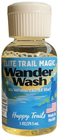 Elite Trail Magic- Wander Wash Biodegradable Castile Camp Soap – Ultralight 1 oz Concentrated Liquid Soap for Camping- Dish Wash Station-Travel & Backpacking – All Purpose, Unscented