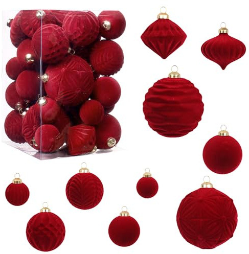 Set di 35 palline di Natale in velluto, infrangibili, floccate, decorazioni per albero di Natale, feste, vacanze, Natale, festival (rosso vinaccio)