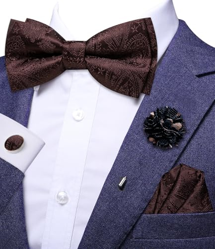 Hi-Tie Vorgebundene Fliege aus Seide für Herren, zum Anklipsen, verstellbare Fliege, Blumenmuster, Anstecknadel, Einstecktuch, Manschettenknöpfe-Set, braun, M